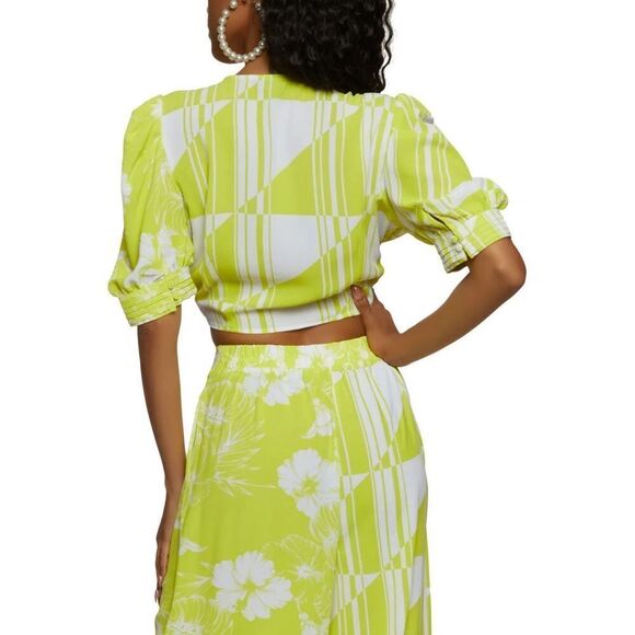Tropical Mixed print puff sleeve tie front crop top neon green size medium - Picture 2 of 8